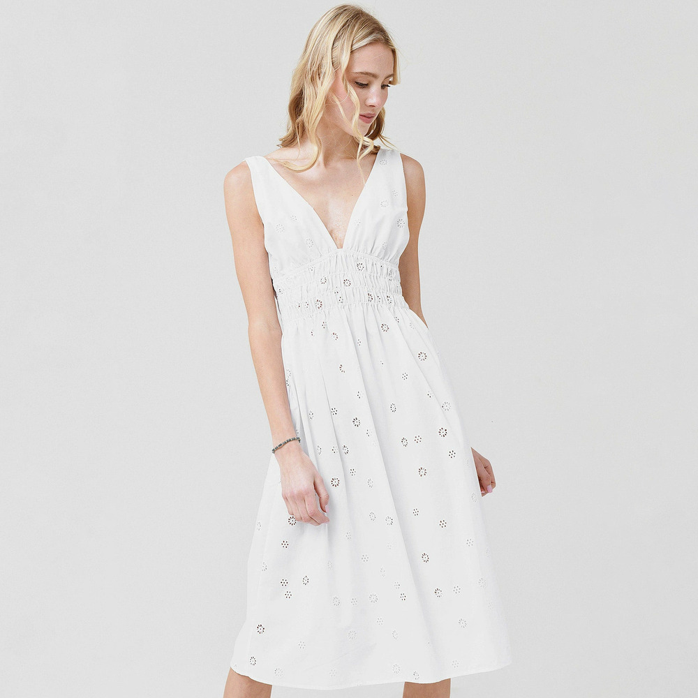 ZARA White Embroidered Deep V Neck Sleeveless Cinched Waist Midi Dress